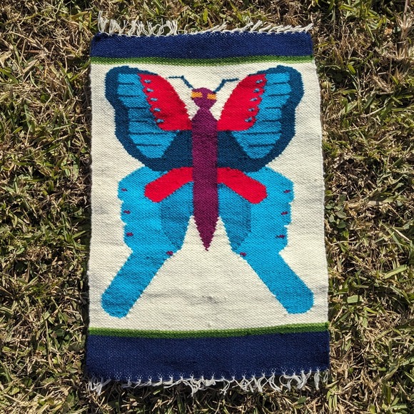 VTG Hand Woven Tapestry Butterfly Wall Hanging Small Folk Art Textile 60s 70s